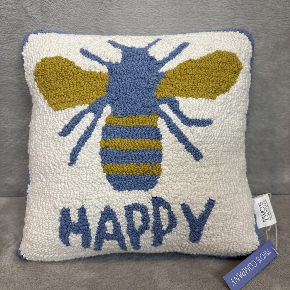 Vintage Twos Company Needlepoint Pillow Wool Bee Happy Blue Yellow Baby Accent